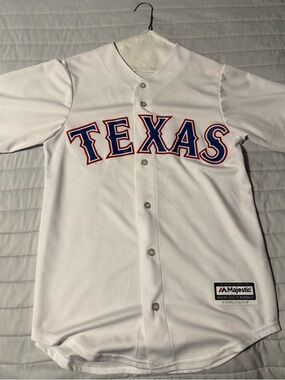 White Baseball Jersey with Red and Blue MLB Logo # DeShields